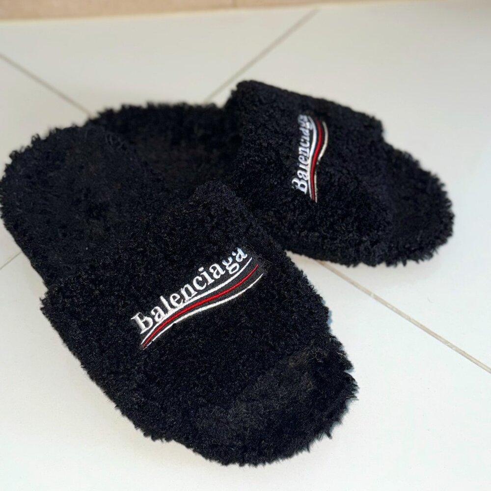 Balenciaga Black Teddy Fleece Logo Slides (Size 43) UNISEX